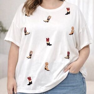 NWT White Western Cowboy Boot Print Short Sleeve Graphic Tee, size 2X
